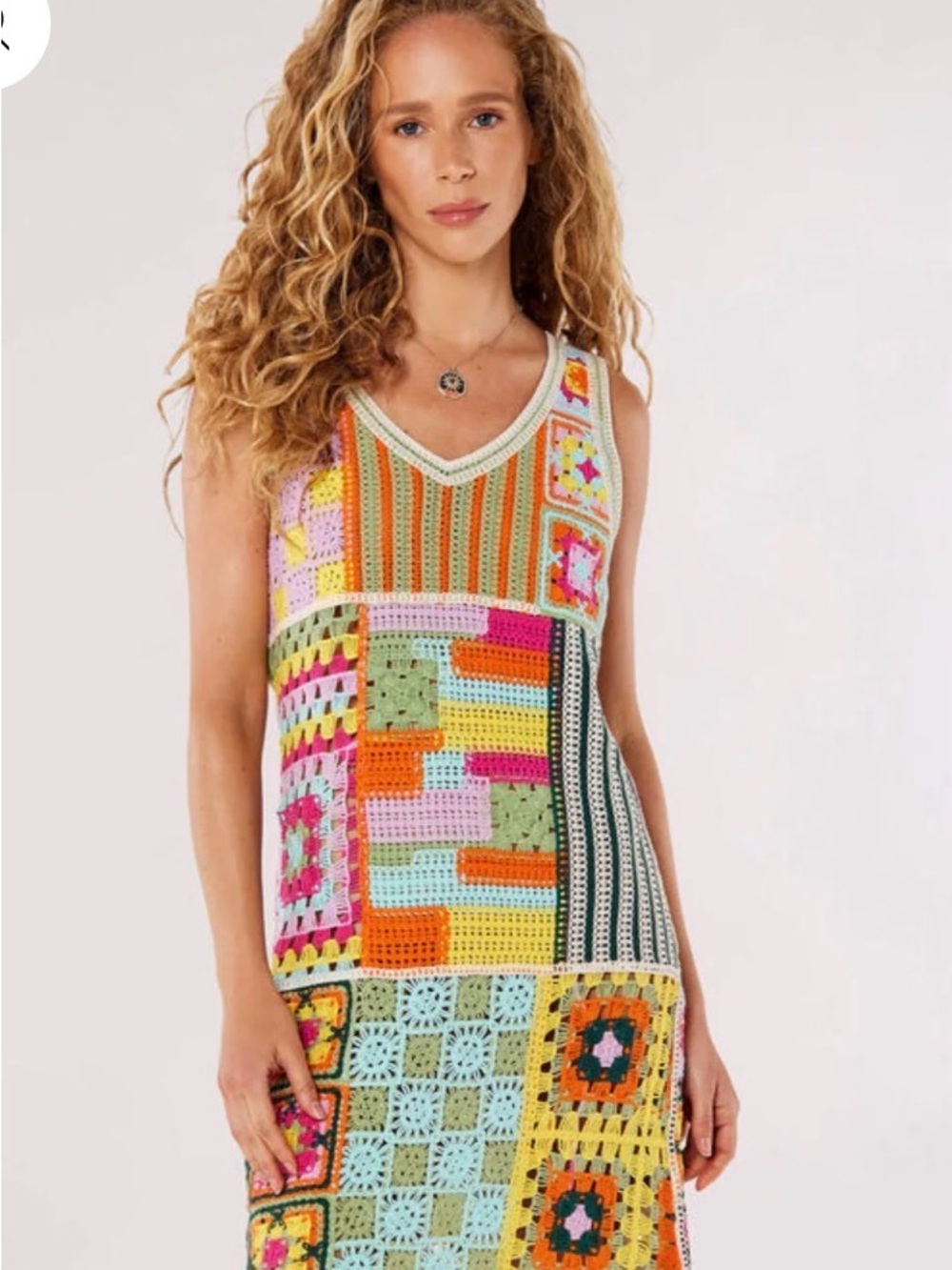 Colorblock Crochet Patchwork Midi Dress in Bright Multicolor by Apricot Small